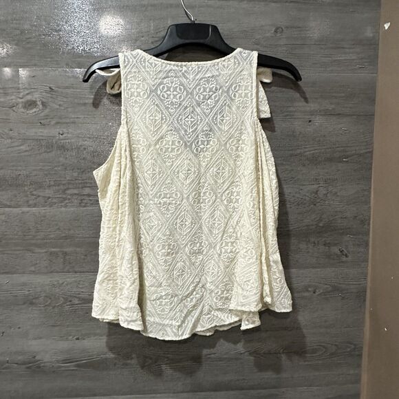 BCBGMaxazria Top Small Blouse Beige Cold Shoulder Boho Sheer Embroidered - Picture 7 of 8